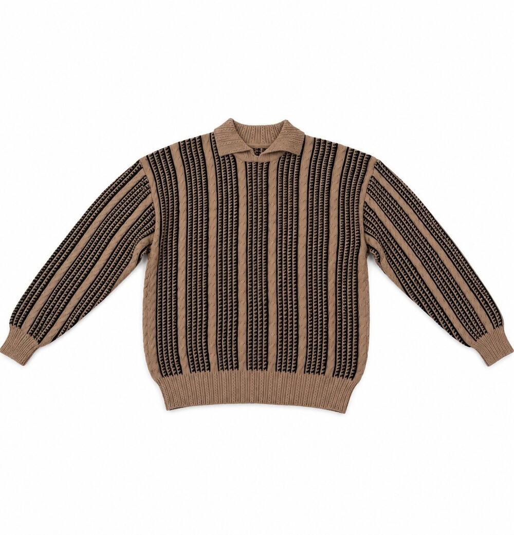 Women’s Medium Brown Black Cable Knit Striped Collared Pullover Sweater